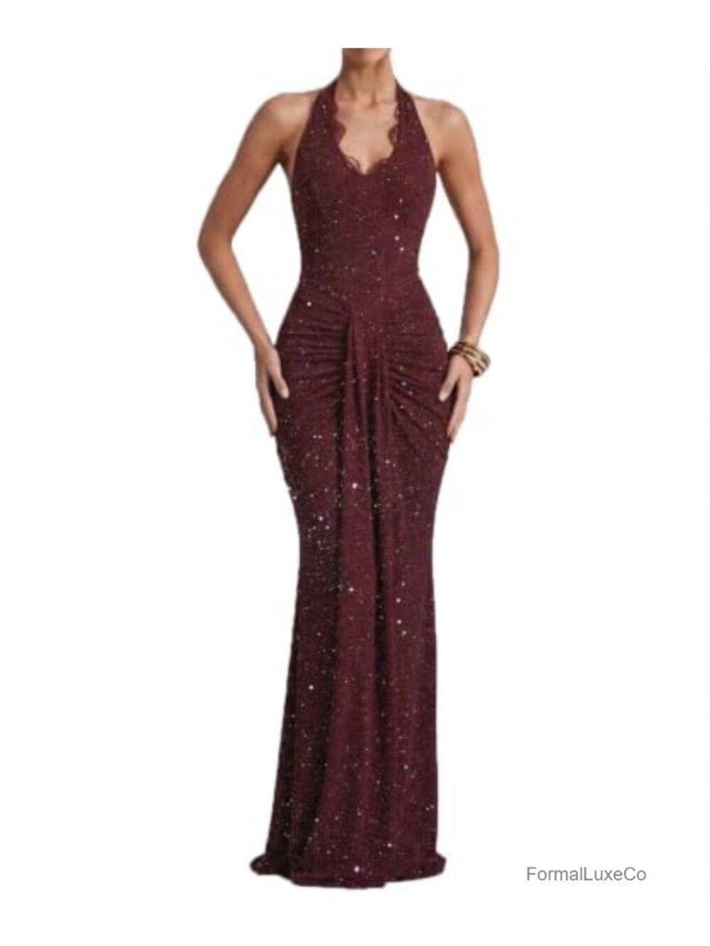 Women Halter Lace Sequin Maxi Dress Deep V-Neck Bodycon Glitter Formal Gown